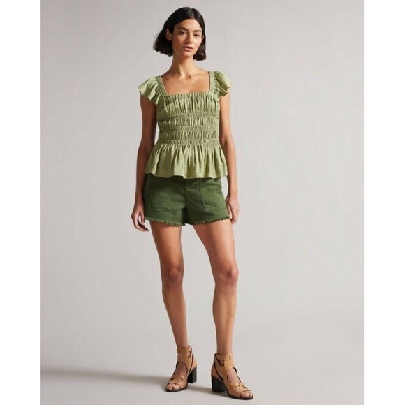 NWT $175 TED BAKER LONDON ALOVIA SMOCKED TOP LACE UP BACK MID-GREEN TOP SZ 2/US6 - Picture 1 of 12
